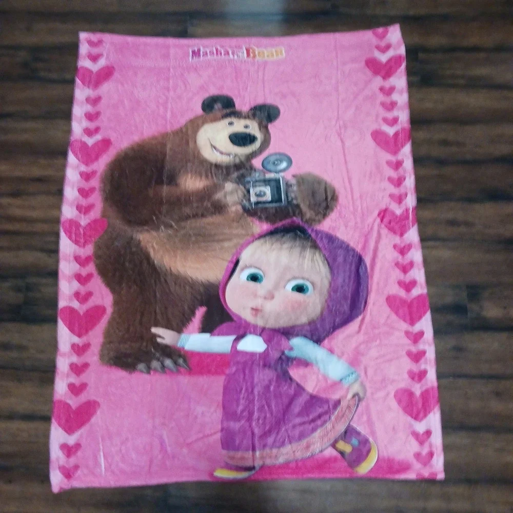 Masha and the Bear Pink Heart Plush Throw Blanket 50x40 Kids Fleece